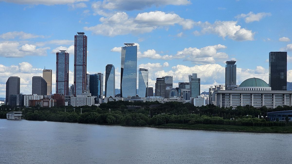 Office towers of the Yeouido financial district in Seoul across the Han River