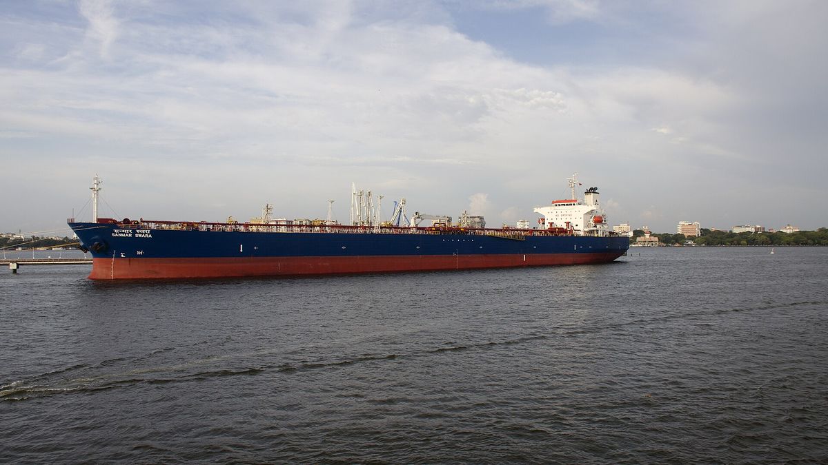 An oil tanker berthed at the Cochin Oil Terminal in India
