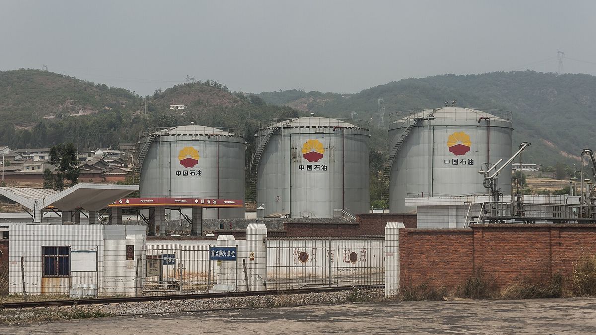 PetroChina fuel storage tanks with the company logo at a depot in Guangtong, Yunnan